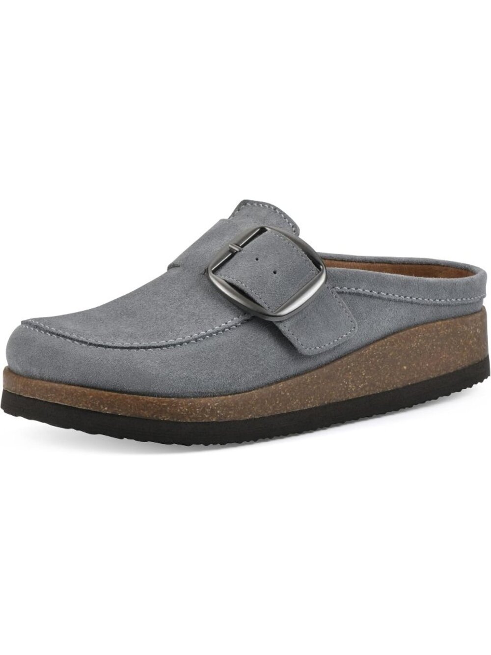 🆕Women's Blue Suede Leather Big Buckle Foot bed Clogs Flat Slip On Mules